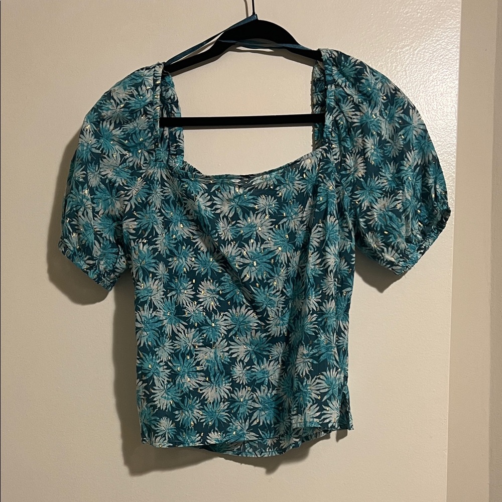 Michael Kors Teal Floral Puff Sleeve Blouse